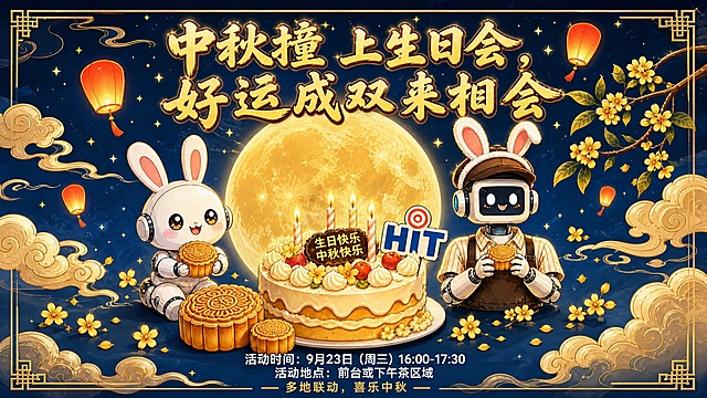 国潮手绘插画风格中秋节生日会活动海报，横版16:9，用于会议室投屏。深蓝色夜空背景，一轮巨大的金黄色圆月居中靠后，周围飘着金色祥云纹样、红色孔明灯、桂花枝、星星闪烁，四角有中式回纹边框装饰。画面中央：Q版机器人（戴棕色帽子和兔耳朵，穿条纹衬衫棕色围裙，双手捧着一个小月饼）和Q版机械玉兔（手捧月饼）站在蛋糕两侧。中间是一个生日蛋糕，蛋糕上插着蜡烛，有"生日快乐 中秋快乐"牌子和蓝色HIT立牌（字母i上方红色同心圆靶心）。蛋糕前方摆放一大一小两个月饼。画面顶部居中是发光金色大字标题"中秋撞上生日会，好运成双来相会"。画面底部居中："活动时间：9月23日（周三）16:00-17:30"，"活动地点：前台或下午茶区域"，"— 多地联动，喜乐中秋 —"。整体风格：国潮手绘插画，暖金色与深蓝色对比，温馨喜庆，版式精美，文字清晰可读，四周留有安全边距，适合会议室大屏投屏展示。画面中所有数字必须精确渲染，不得错位、遗漏或编造。画面中所有信息区域必须填充完整合理的内容，不得出现空白框、空白占位、横线待填写区域。画面中不要出现任何二维码或二维码占位符。