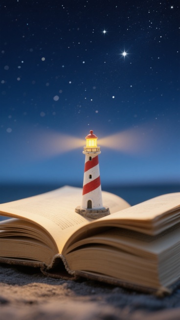 超写实风格的微缩场景摄影，深邃的深蓝色夜空布满闪烁的星星，柔和的星光与渐变的夜空营造出宁静神秘的氛围，一本翻开的厚重旧书占据画面下方，书页呈现自然的米黄色，纸张纹理清晰可见，书脊和书页边缘有细腻的阴影，书的顶端弯曲处矗立着一座白色与红色条纹相间的微型灯塔，灯塔顶部发出温暖的黄色光芒，光芒向两侧柔和扩散形成光晕，整体构图采用下实上虚的景深效果，突出灯塔与书本的质感对比，画面整体光影柔和，色彩和谐……预览效果