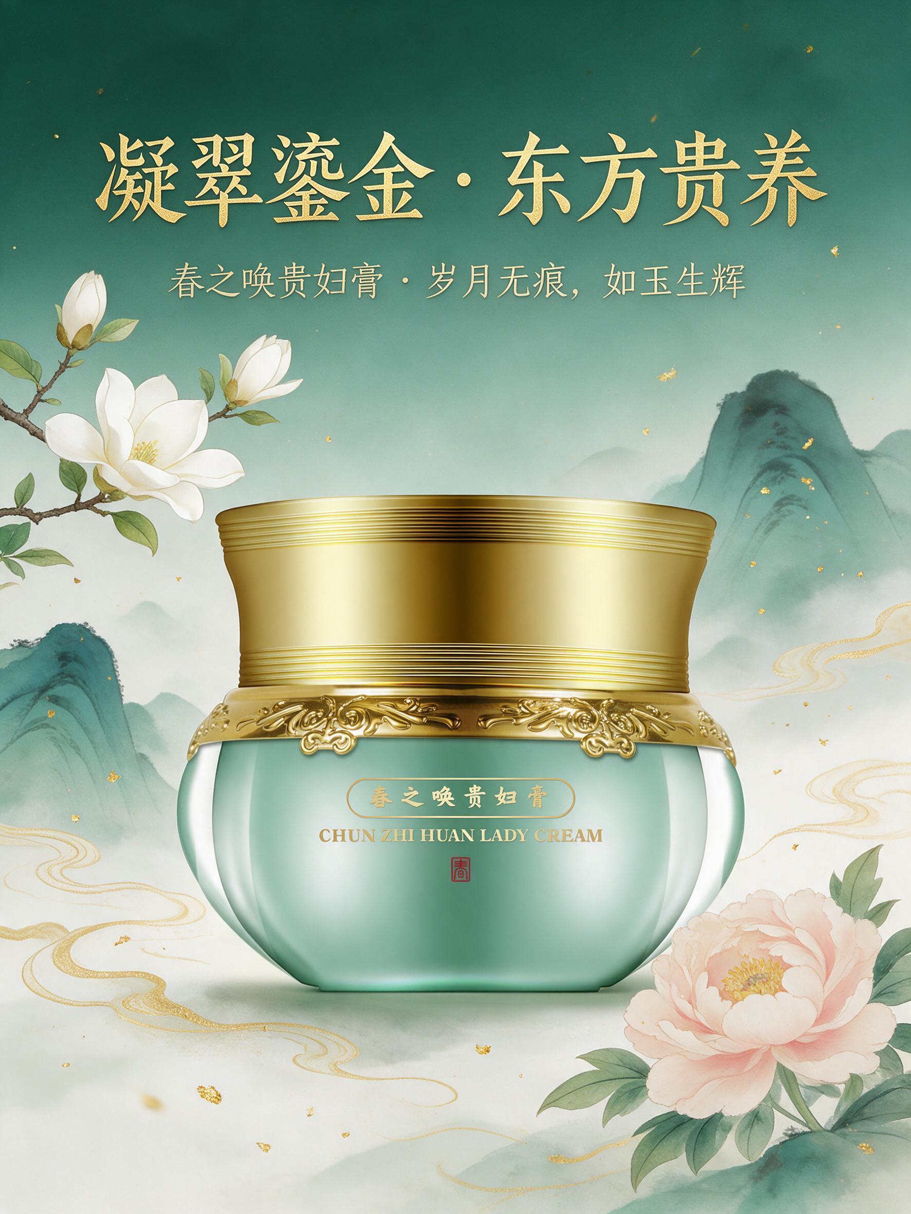 基于参考图中的春之唤贵妇膏产品图，生成一张高端国风护肤品海报。… - 图片创意预览