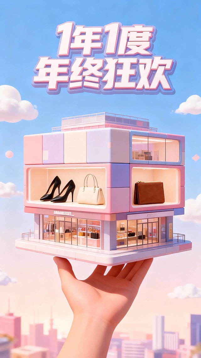 画面主视觉是一座悬浮在手上的巨型魔方造型建筑，马卡龙色调。部分矩形单元为独立商铺，陈列该图商品。渐变天空背景，有白云、虚化城市轮廓。顶部有“1年1度年终狂欢”立体字样。