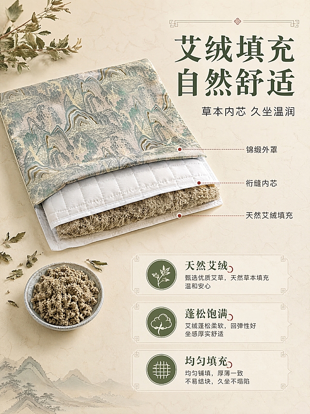 [商品] 使用【图5】新中式锦缎坐垫（可拆洗翻开状态）；商品处理：保留青绿山水外罩、白色绗缝内芯、方形轮廓；展示内外分层结构，增强艾绒内芯的蓬松质感和外罩锦缎光泽，不改变颜色和结构。
[画面] 目标：艾绒填充材质卖点，展示内芯天然草本填充。构图：中间偏上展示坐垫翻开状态，露出内部艾绒填充层，产品占画面50%；左下角放置一小碗天然艾绒/艾草叶作为原料展示；右侧和下方留白放文案；背景为浅米色宣纸质感，点缀干艾草叶装饰。
[视觉] 套系策略：风格=新中式东方美学商业摄影；标题字=宋体衬线粗体（雅致古风）；正文字=简洁黑体；主色=青绿色+米杏色；背景延展=基于米杏色做深浅层级、宣纸纹理质感、同色系渐变；强调色=赭石红，仅用于小面积图标、引线和标签；标题色=深墨绿；正文色=深棕灰；组件=圆角浅底信息卡、细线引线、中式回纹装饰元素；光影=左前侧暖柔光，侧逆光勾勒产品轮廓。
[文字] 右上主标题「艾绒填充 自然舒适」，副标题「草本内芯 久坐温润」，3个卖点：天然艾绒 | 蓬松饱满 | 均匀填充；配艾草植物小图标，文字区不遮挡内芯展示。
[规格] 图片比例3:4竖版，4K分辨率，避免变形、错字、文字过小、内芯质感虚假、颜色偏差。