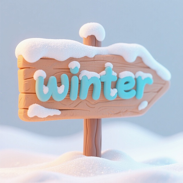 一个被雪覆盖的指示牌，上面能看到“winter”的艺术字