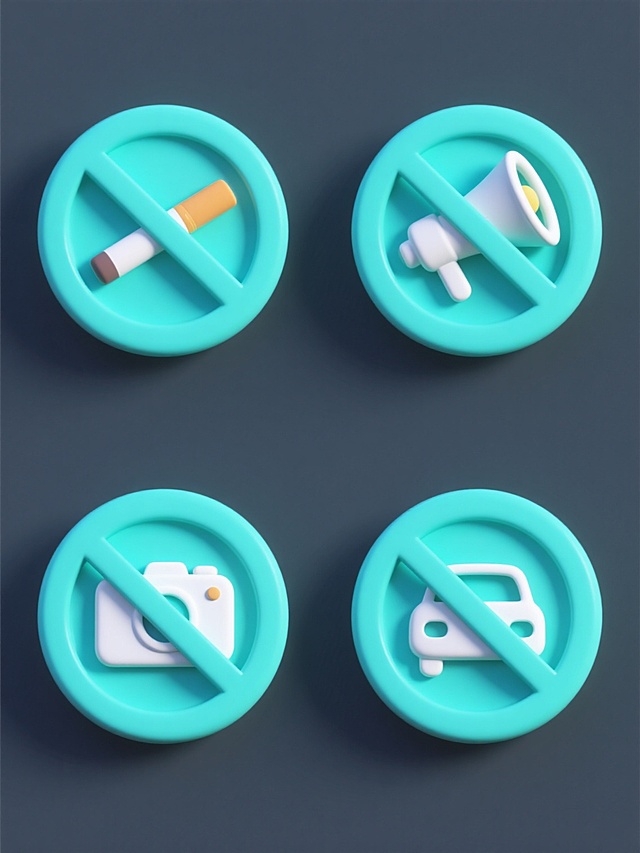 四个呈规整网格排布的软3D风格图标集合，每个图标均为纯色背景，整体色彩变换为明亮的蓝绿色调。每个图标都包含一个圆形边框，内部有一个斜向的禁止符号。第一个图标是禁止吸烟，圆形内有一个3D风格的香烟图案，被斜杠穿过；第二个图标是禁止喇叭，圆形内有一个3D风格的喇叭图案，被斜杠穿过；第三个图标是禁止拍摄，圆形内有一个3D风格的相机图案，被斜杠穿过；第四个图标是禁止开车，圆形内有一个3D风格的汽车图案，被斜杠穿过。所有图标都具有柔和的阴影和高光，呈现出轻微的立体感，整体设计简洁明了，具有现代感和设计感。