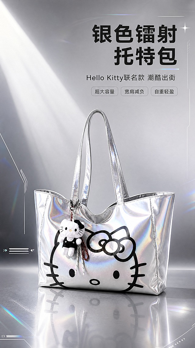 [商品] 使用【图1】Hello Kitty联名银色镭射托特包；商品处理：保留托特包型、银色镭射面料、正面黑色Hello Kitty头像图案、金属银宽肩带、Hello Kitty毛绒挂件、包身比例和结构；自然理顺包型，增强镭射面料的金属虹彩光泽和质感，强化五金肩带扣的高光，不改变版型、颜色和图案。
[画面] 页面目标：风格头图海报，突出银色镭射托特包全貌与潮酷氛围感。构图：居中偏下主体展示，包正面朝向镜头略侧15度，包身占画面60%；前景浅灰色哑光台面，中景包包主体，背景为渐变银灰色影棚背景，左侧有柔和斜射光束营造高级氛围感；右上角留白放标题文案，底部有轻微倒影承托。
[视觉] 套系策略：风格=潮酷未来感高级商业摄影；标题字=现代无衬线粗体（字重Bold）；正文字=简洁无衬线体（字重Regular）；主色=金属银灰；背景延展=基于银灰色做深浅渐变、同色系光影层次和细腻哑光/镭射质感对比；强调色=炫彩镭射虹光（仅用于小面积光效、装饰线和标签点缀）；标题色=深炭黑；正文色=中灰色；组件=细线引线、圆角半透明银灰信息卡、极简几何装饰线；光影=左前侧45度柔光+右侧轮廓光，突出镭射面料的虹彩反光。
[文字] 右上区域排版，主标题「银色镭射托特包」（大字号粗体），副标题「Hello Kitty联名款 潮酷出街」（中字号），下方3个短卖点标签「超大容量」「宽肩减负」「自重轻盈」（小号圆角标签）；文字不遮挡包身主体和Hello Kitty头像图案。
[规格] 图片比例9:16竖版，4K分辨率，负向提示：避免变形、错字、文字过小、颜色偏色、包型失真、白底孤立、杂乱背景、人物遮挡商品。
