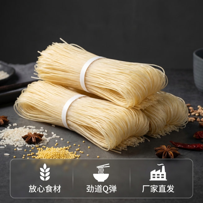 [主图 5] 干米粉产品展示与服务承诺；[氛围风格] 高级深色暗调商业美食摄影风格，保持全套图统一光影色调；[画质] 商业摄影质感、光线柔和通透、产品清晰真实、画面干净高级；[元素] 三捆干米粉整齐居预览效果