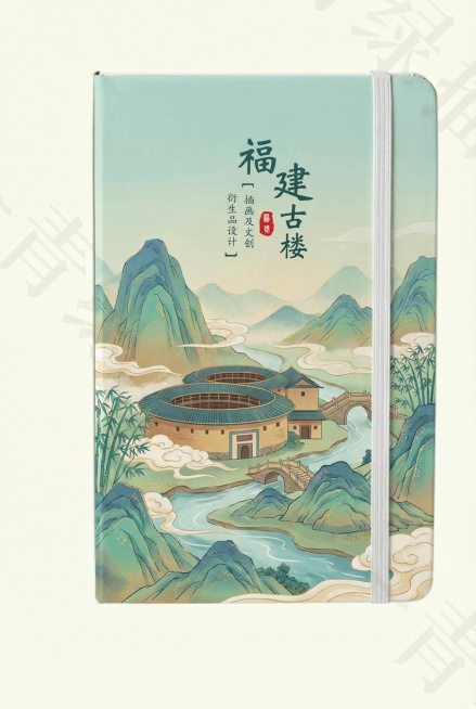 原图是笔记本封面，保持笔记本整体格式和竖版比例不变。将上方文字替换为"福建古楼"，保留小字排版位置不变。将封面核心图画替换为以福建土楼为核心的国风绘画，整体配色淡雅协调，国潮青绿山水风格。预览效果