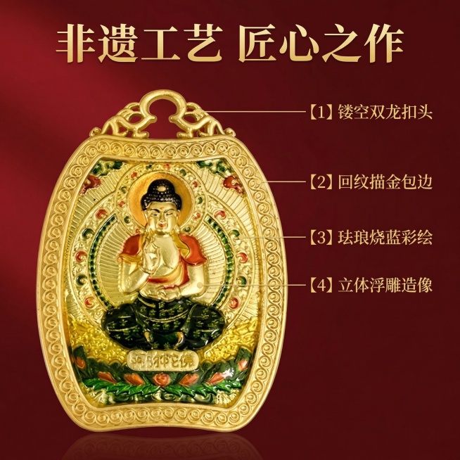 [主图 2] 产品核心工艺亮点展示主图
[氛围/风格] 高清品质细节展示，专业国风饰品风格
[画面元素] 保持原产品外观不变，双龙扣头阿弥陀佛唐卡吊坠居中，使用引线标注产品核心部位：顶部双龙扣头、描金预览效果