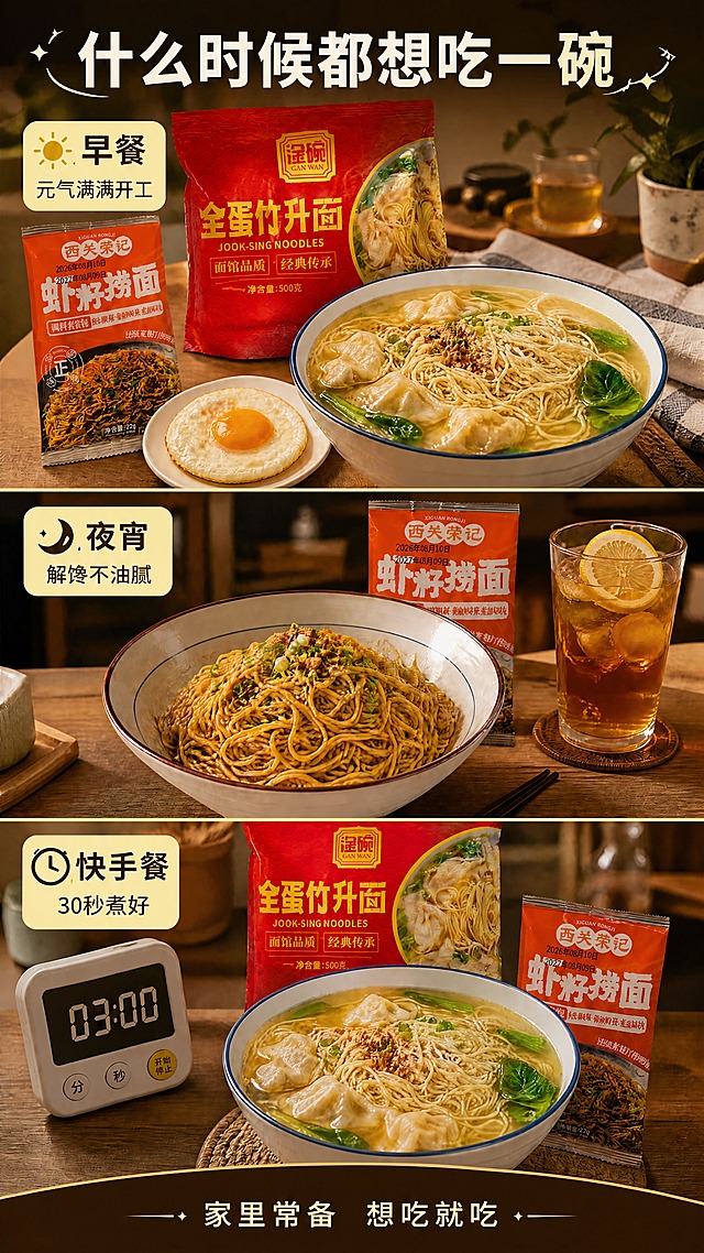 将图中所有文字（包括主标题、副标题、场景标签、卖点文字、底部标语、数字时钟数字等画面上全部文字）的字体统一替换为思源黑体（Source Han Sans / Noto Sans SC），保持原有文字内容、文字位置、文字颜色、字号大小、排版布局、字重层级完全不变；仅替换字体字形，不改变任何其他元素。

保留画面中所有商品包装（淦碗全蛋竹升面红色包装袋、西关荣记虾籽捞面橙色包装）上的原有文字与字体不变，仅替换画面中额外添加的设计类文字（标题、标签、说明、底部标语等）为思源黑体。

保持整体暖调食欲风格、场景、光影、面碗、煎蛋、饮料、计时器、桌面背景等所有视觉元素完全不变，仅替换字体。