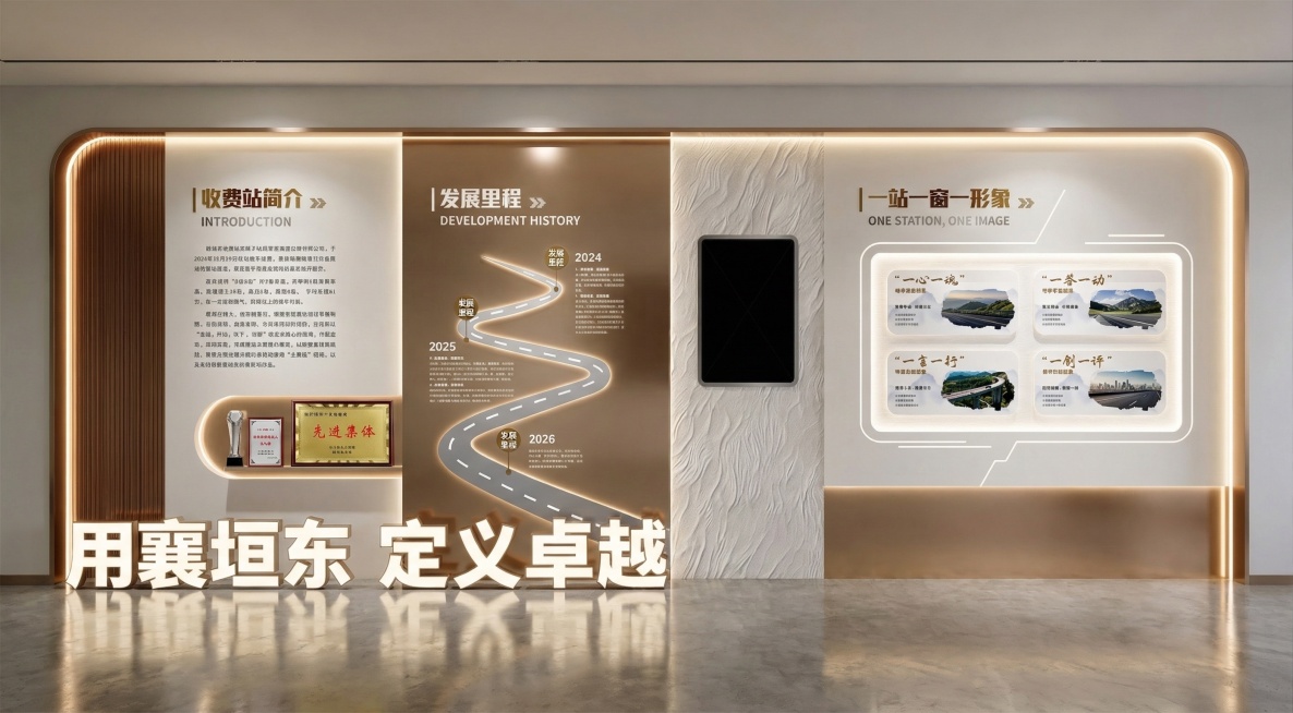 参考第一张文化墙的内容（收费站简介、发展里程、一站一窗一形象三大板块，底部“用襄垣东 定义卓越”大字，包含对应的荣誉奖牌、道路风格时间轴、四个图文卡片等元素），按照第二张文化墙的造型风格、轻奢金属质感预览效果