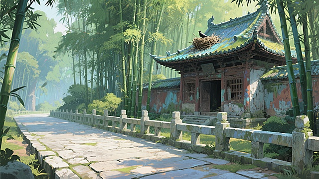 中式古典建筑，竹林环绕，清新雅致，插画风与水墨风结合，营造宁静氛围。