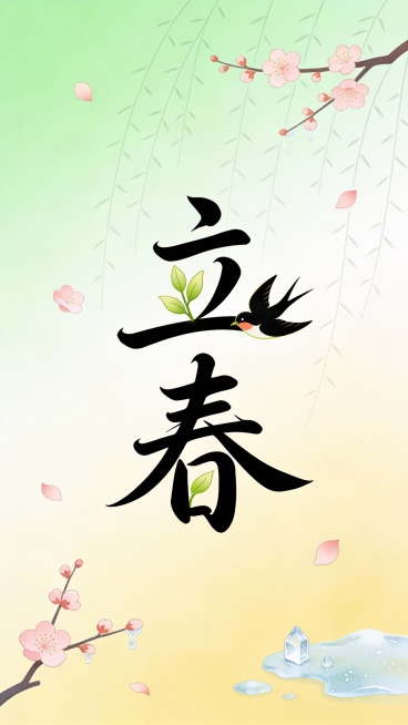 海报设计，主题“立春”艺术字，字体为优雅的手写书法或现代几何风格，融入嫩芽与燕子造型。背景是简洁的浅渐变春色（嫩绿、鹅黄），伴有若隐若现的线性柳枝纹理。元素包括简约的梅花枝、飘落的花瓣与融化的冰晶。整预览效果