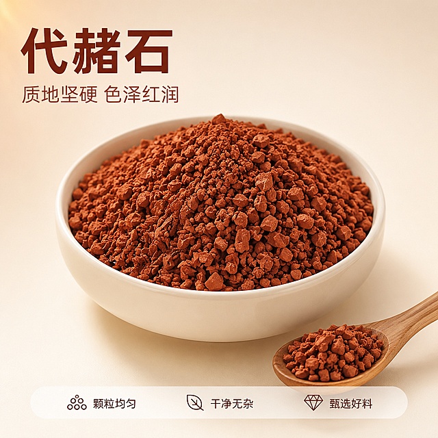 电商主图首图，代赭石产品展示。画面中央一只温润的米白色陶瓷深碗，碗中满满堆起红棕色代赭石碎粒，颗粒大小均匀、色泽红润鲜亮、质地坚硬干净，表面带有自然的石材质感与细微粉末，保持与参考图中代赭石完全一致的外观、颜色、颗粒形态和质感，杜绝变形与色差。碗的右下方斜放一把原木小勺，勺中盛有少量代赭石颗粒，作为点缀。背景为柔和的浅暖米白渐变，左上角与右下角有极淡的暖棕色光晕，整体干净通透，凸显代赭石本身的红棕色调。商品主体占画面约70%。左上负空间左对齐排版，大字主标题为“代赭石”，深棕红色粗体无衬线字体，字号最大；下方小字副标题“质地坚硬 色泽红润”，字号约为主标题的一半，颜色稍浅。底部极细的浅米色悬浮条内均匀排列三个小卖点图标加文字，从左到右依次为“颗粒均匀”“干净无杂”“甄选好料”，文字为深棕色小号字体。俯视45度视角，商业摄影质感，光线柔和均匀，主光从左上方来，右侧有柔和补光，碗底有自然投影，画面超高清、细节锐利。1:1正方形构图。禁止出现中药材、种植、野生、晒干、日晒、干片、干度、批发、零售、矿石、原矿、大片、片大等字样。负向提示：变形 文字错乱 产品模糊 背景杂乱 水印 电商平台Logo