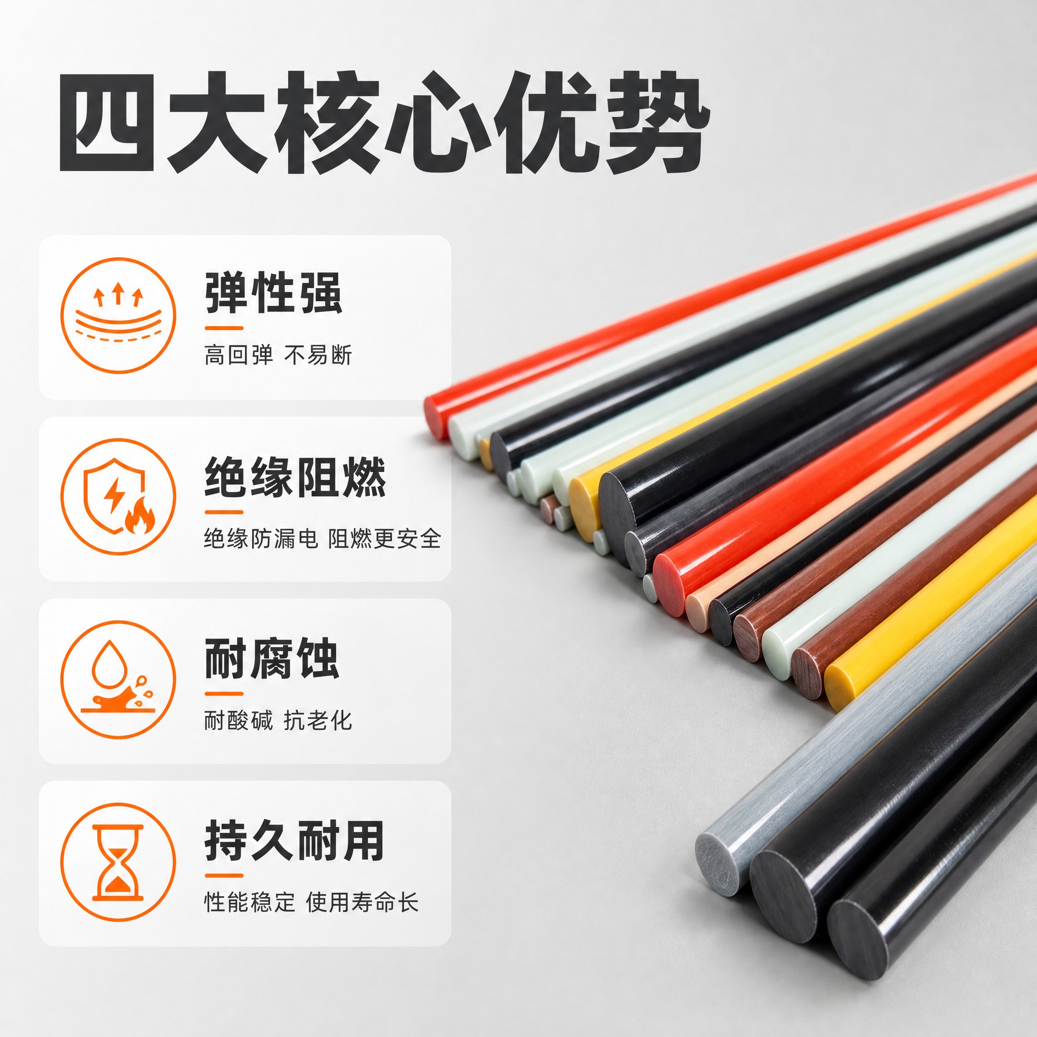 [主图-2] 玻璃纤维杆核心卖点图 展示四大特性 弹性强 绝缘… - 图片创意预览