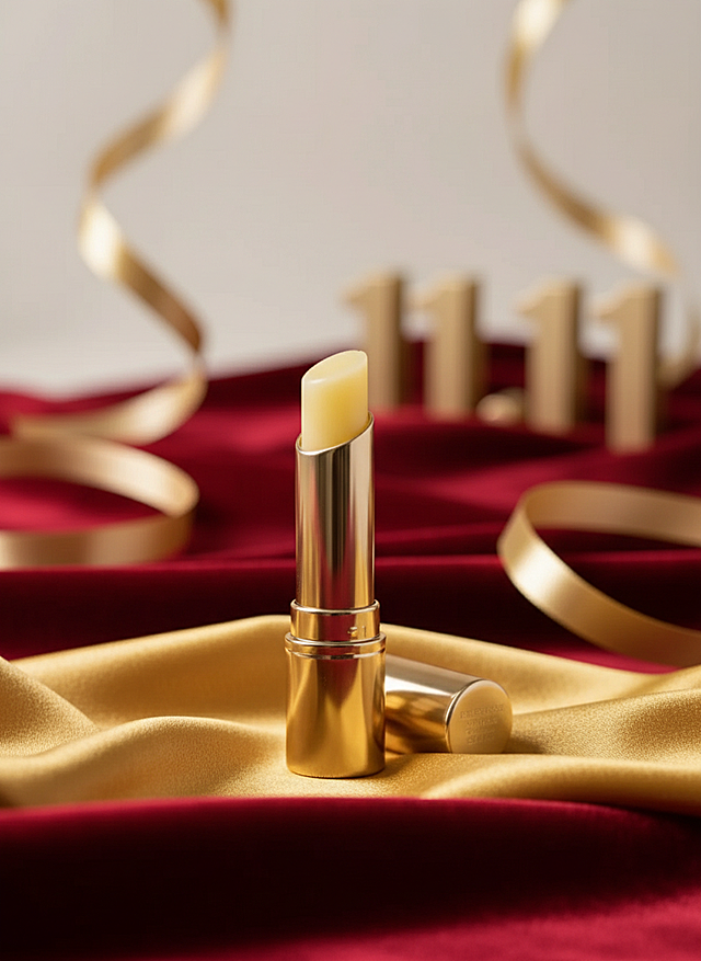 商品置于金光闪闪的布上，背景装饰着金色丝带与金色的“11.11”数字立牌，整体以红色、金为主色调，营造出精致且富有质感的电商促销氛围。