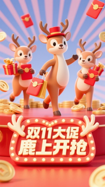 主视觉为戴红色礼帽的小鹿，优雅地提着购物袋跃出画面，身后 3 只小鹿拿着红包袋、鹿角上挂着小礼物，正面视角。背景用金币、红色红包、鹿角形状放射线装饰，画面下方是带有鹿角元素的 3D 文字灯牌 “双 1预览效果