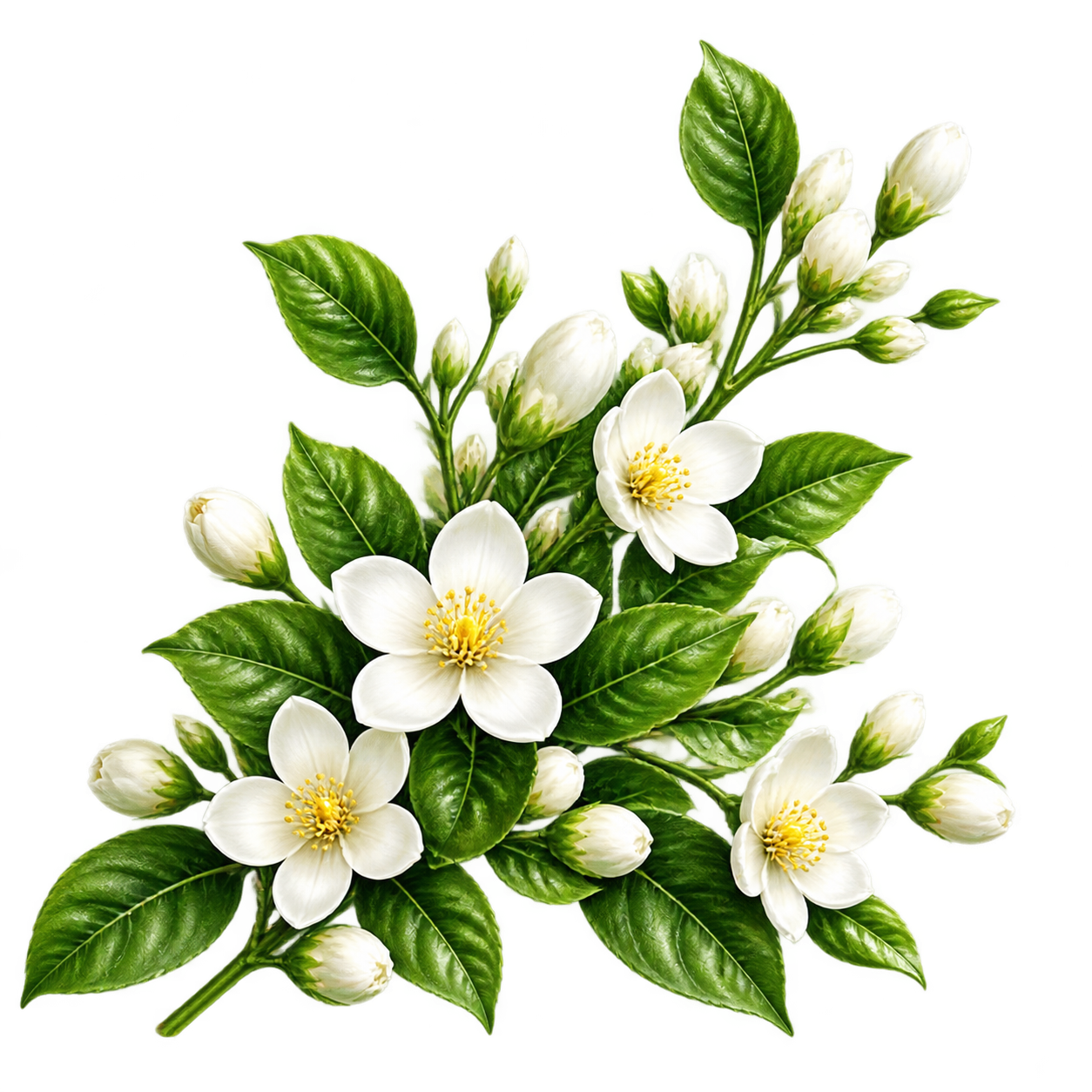 提取右侧的白色茉莉花簇素材，包含白色茉莉花、绿色叶子、花枝，透… - 图片创意预览
