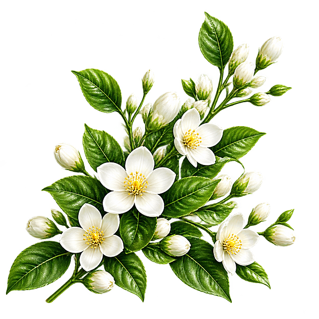 提取右侧的白色茉莉花簇素材，包含白色茉莉花、绿色叶子、花枝，透明背景，高清精致，花朵细节完整，茉莉花花瓣洁白，花蕊黄色，绿叶翠绿，单独的茉莉花枝素材，PNG透明底