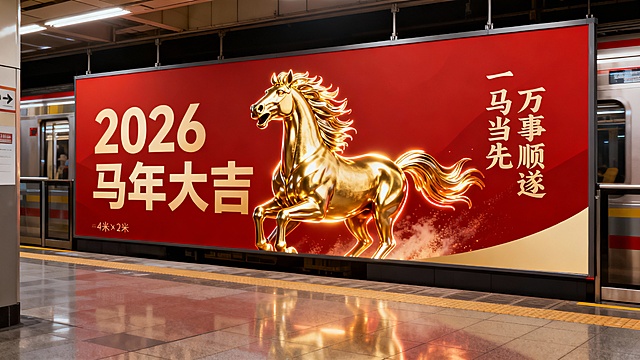  4米×2米马年春运横幅，红金撞色国潮风格，立体光影奔马奔腾造型，骏马昂首嘶鸣鬃毛飞扬，动感十足，画面右侧竖排文字“一马当先 万事顺遂”，左侧大字“2026马年大吉”，地铁站悬挂适配，高清印刷质感，热血昂扬氛围感，无多余杂乱元素 