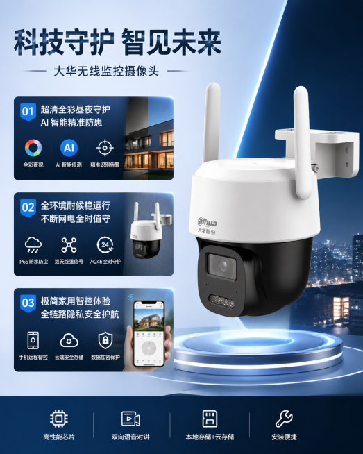 保留原图大华无线监控摄像头产品不做任何修改，设计一张科技感商品营销海报，将以下三个核心宣传亮点清晰展示：1.超清全彩昼夜守护，AI 智能精准防患；2.全环境耐候稳运行，不断网电全时值守；3.极简家用智预览效果