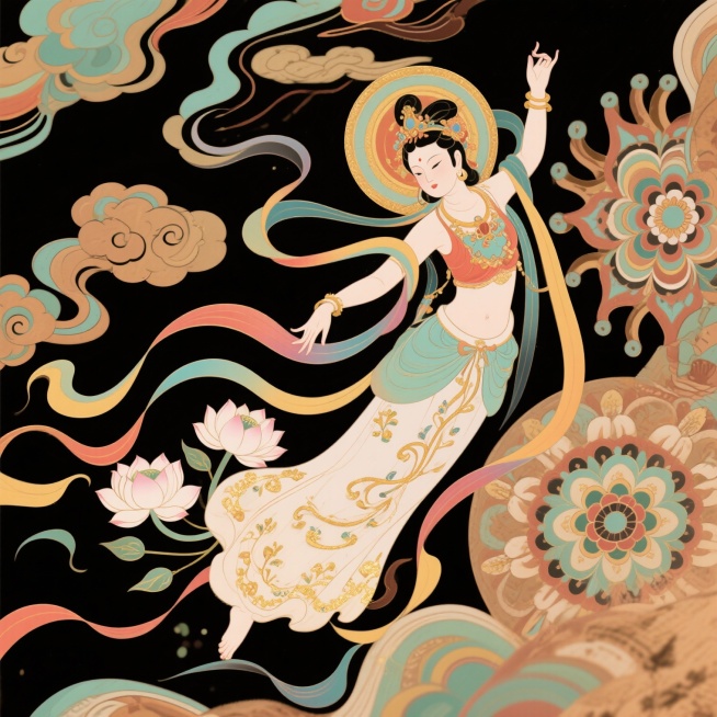 以敦煌文化为灵感源泉，运用国内 AI 技术生成敦煌飞天形象图。生成的图 片需准确提取敦煌壁画中仙女的服饰、姿态、色彩等文化元素，如轻盈飘逸的彩带、精美的裙裾、莲花忍冬纹图案等，同时精准把握敦煌艺术的风预览效果