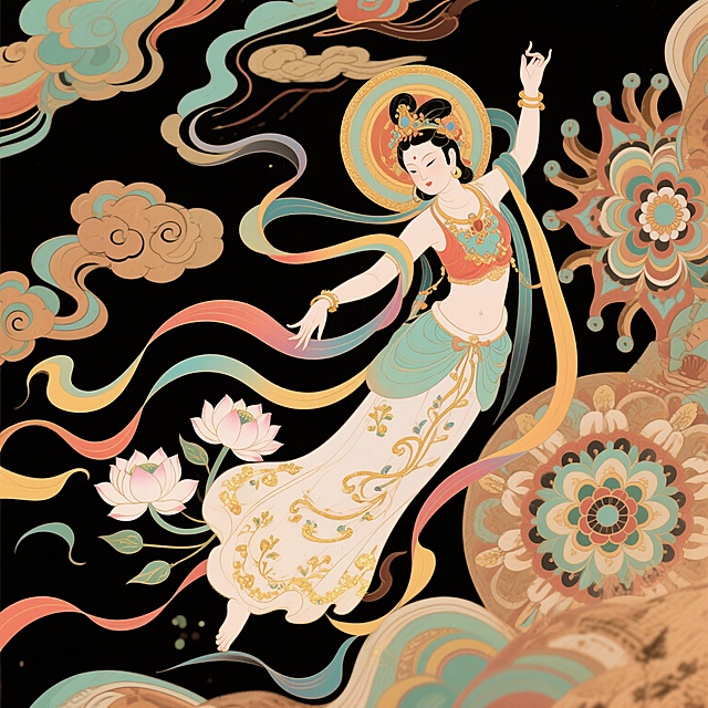 以敦煌文化为灵感源泉，运用国内 AI 技术生成敦煌飞天形象图。生成的图 片需准确提取敦煌壁画中仙女的服饰、姿态、色彩等文化元素，如轻盈飘逸的彩带、精美的裙裾、莲花忍冬纹图案等，同时精准把握敦煌艺术的风格特点，包括 浓郁的宗教色彩、流畅细腻的线条、注重神态和动态刻画、夸张而不失自然的造型等，使图片具有独特的敦煌艺术气质，满足文旅宣传、文创产品开发等领域的 应用需求。