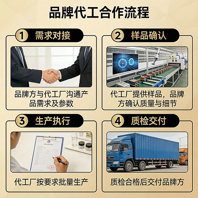[主图3：代工合作流程] 品牌代工合作流程介绍主图，专业清晰商务风，卖点一目了然。保留原图四步流程内容，重新排版适配正方形比例，替换原蓝色为黑金配色体系，背景调整为浅金色渐变柔光效果，每个流程模块边框调整为圆角黑色，文字颜色匹配新风格，整体光影统一。主色调黑金+浅金渐变，和整套主图风格统一。上下两排两分栏构图，每个流程占据独立模块，布局清晰。顶部居中黑色加粗大标题"品牌代工合作流程"，四个流程分别用数字1-4标注黑底浅金字标题，下方配说明文字，保留原图握手、工厂、文件、货车图片，全部调整光影适配整体风格，文字排版工整对齐，不遮挡图片主体