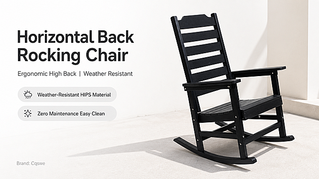 [第1屏] 亚马逊详情页头图 - Cqswe Black Horizontal Back Porch Rocking Chair product main visual. 本屏使用【图1】作为商品主体。
[氛围/风格] 简约真实商业风，极简留白，户外庭院家居氛围，真实客观，突出产品本身，少装饰，高品质商业摄影质感。
[元素布局] 黑色横背摇椅放置在画面中心偏右下区域，占据画面约65%-70%主体区域。保持商品物理结构、比例轮廓、关键部件、材质质感、纯黑色颜色与输入产品图【图1】完全一致，保留横条高靠背、扶手、加厚座板、加粗弧形摇摆底座结构。背景为干净浅灰白色过渡到浅米色户外庭院角落，左侧预留充足文案区域，不添加多余装饰元素。
[光影质感] 左前方柔和自然光做主光源，右后方柔和补光，产品底部形成自然柔和阴影，整体明暗层次清晰，产品木纹质感清晰真实，边缘轮廓干净。
[配色色系] 全局底色 #F5F5F5（浅灰白）；主体配色 产品纯黑色 #1A1A1A；辅助色 深灰文字 #333333 + 浅灰点缀 #E0E0E0。
[视角构图] 45度斜侧视角，景深适中，主体清晰突出，左侧文字区域从上到下自然排布，符合英文阅读从左到右动线。
[文字版式] 左文右图版式。左侧顶部主标题 "Horizontal Back Rocking Chair"，每个主要单词首字母大写，深灰加粗无衬线字体，字号约占画面宽度8%。主标题下方副标题 "Ergonomic High Back | Weather Resistant"，字号约主标题40%，深灰色。主标题下方依次排列两个核心卖点胶囊框：第一个卖点 "Weather-Resistant HIPS Material"，第二个卖点 "Zero Maintenance Easy Clean"，胶囊浅灰背景深灰文字，不遮挡产品主体。左下角放置品牌角标 "Brand: Cqswe"，小号浅灰色文字。所有文字均为英文，无中文字符。
[比例分辨率] 16:9 横版比例，4K超高清分辨率，文字清晰可辨。
[负向提示词] 产品变形，结构错误，颜色偏差，缺件错件，文字错乱，水印，中文字符，价格信息，引导好评，站外导流，背景杂乱，产品模糊。