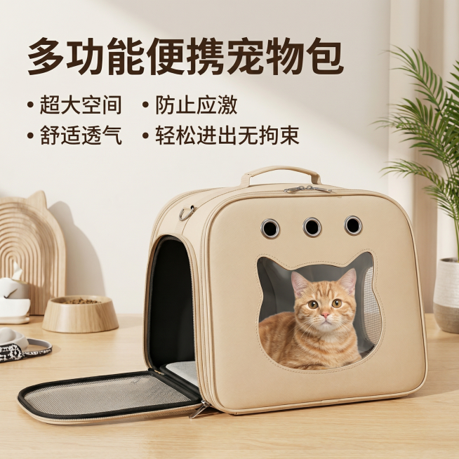 设计一张1:1比例的淘宝商品主图，展示多功能便携宠物包，包里面有一只猫咪，米白色宠物包，带有透气圆孔和猫形透明窗口。重新排版文案：主标题"多功能便携宠物包"，卖点文字"超大空间 防止应激 舒适透气 轻预览效果