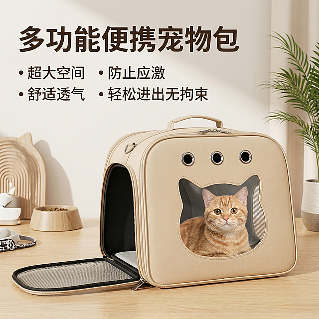 设计一张1:1比例的淘宝商品主图，展示多功能便携宠物包，包里面有一只猫咪，米白色宠物包，带有透气圆孔和猫形透明窗口。重新排版文案：主标题"多功能便携宠物包"，卖点文字"超大空间 防止应激 舒适透气 轻松进出无拘束"，更换背景，不要和示例图一样，电商淘宝主图风格，干净清晰，突出产品，高点击率设计