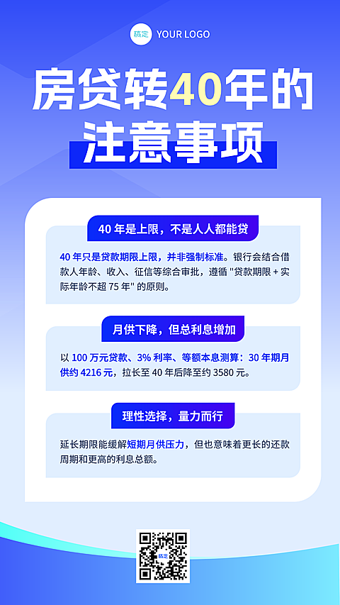 房贷转40年后的注意事项通知信息简介简约风手机海报，画面包含房贷年限转换知识科普，呈现贷款期限与月供计算要点，蓝白商务风格设计适合金融资讯传播