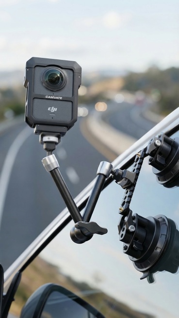 替换背景为干净的户外车窗使用场景，保持CAMVATE和DJI Logo文字原样，保持相机主体物理结构不变，不改变产品结构。高端摄影器件产品商业摄影，广告大片，3D渲染精准还原产品颜色，增强科技感与高级预览效果