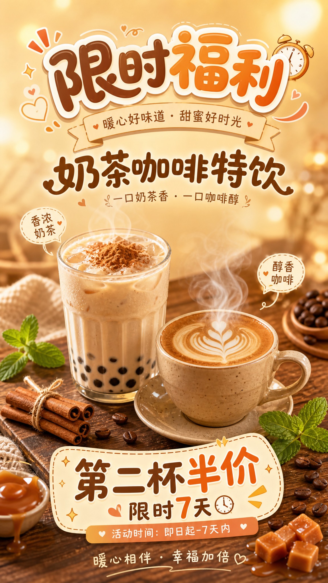 一张9:16竖版奶茶咖啡饮品宣传海报，排版精美，整体色调温暖柔… - 图片创意预览