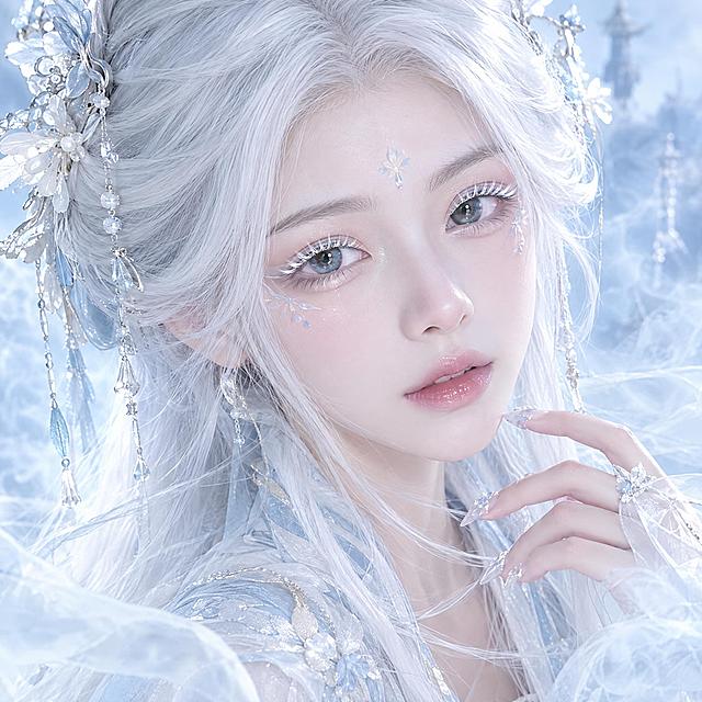 淘宝天猫电商主图，1:1正方形，2K高清，真人cosplay风格，古风仙侠coser女生形象，佩戴白色短款假睫毛，睫毛自然均匀，眼尾无加长无尖簇，女生有着白色长发，仙气飘飘的古装，淡蓝色烟雾背景，整体清冷仙气，突出白色睫毛与古风妆容的适配度，无文字无价格，国风cos摄影风格