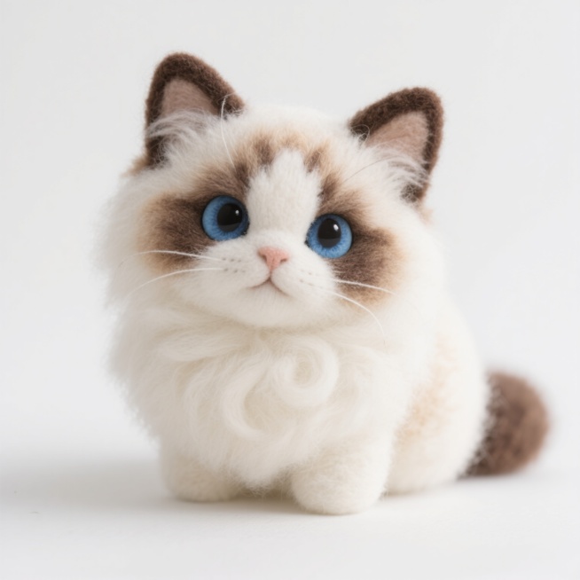 一只蓝眼睛的布偶猫，毛发蓬松柔软，主要为白色，夹杂着浅棕色和深棕色的斑纹，耳朵竖立，表情温和，背景为纯白色。预览效果