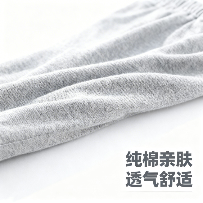 [主图 3] 纯棉面料细节特写展示
[氛围/风格] 产品细节展示，真实质感，简洁高级
[画面元素] 商业摄影质感、光线柔和通透、产品清晰真实、画面干净高级。近距离特写展示浅灰色纯棉休闲裤的面料纹理，放预览效果