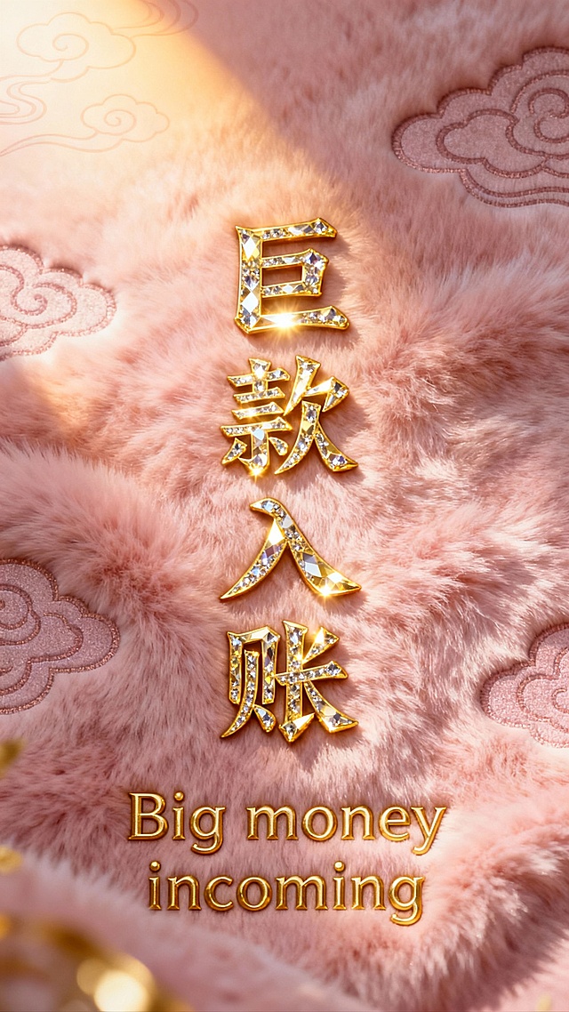这款壁纸以柔软粉绒为底，铺陈精致云纹光影，中央“巨款入账”以金钻质感闪耀浮现，搭配英文“Big money incoming”，形成双重吸金暗示。整体氛围轻奢而不张扬，幸运、财富与好消息都正在路上。