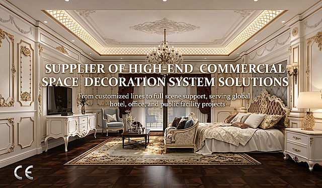 以这张高端欧式卧室空间图片为底，添加白色粗体大字“Supplier of high-end commercial space decoration system solutions”，在大字下方配小字“From customized lines to full scene support, serving global hotel, office, and public facility projects”，在角落添加一个小的CE认证图标，保持原图整体风格和画质，文字清晰醒目，整体排版高端大气。