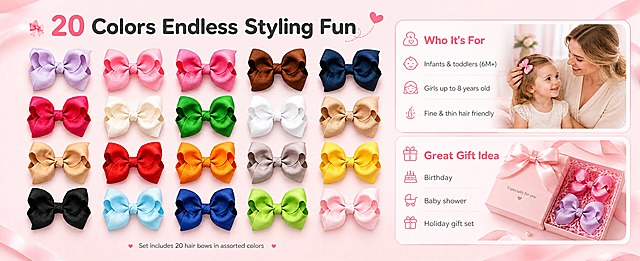 [商品] 使用【图1】20色儿童蝴蝶结发夹全套；保留20种颜色、经典蝴蝶结造型、罗缎纹理；商品处理：整齐排列成4行5列矩阵，每个蝴蝶结形态一致、颜色准确，增强立体质感。
[画面] 目标：多色系列+适用人群页，展示丰富选择与送礼属性。构图：左侧55%为20色蝴蝶结矩阵展示（4行×5列，整齐排列，柔和投影），右侧45%上下分两块：上方为适用人群信息（配欧美母女温馨互动小图，妈妈给女儿戴蝴蝶结），下方为送礼场景说明（礼品盒包装概念图）。背景为浅粉色渐变+细腻罗缎纹理底。
[视觉] 套系策略：风格=跨境极简高级儿童配饰商业摄影；标题字=现代圆润无衬线粗体；正文字=简洁无衬线体；主色=柔粉色；背景延展=基于柔粉色做深浅层级、同色渐变和细腻罗缎织物质感；强调色=玫红色，仅用于小面积图标、引线和标签；标题色=深炭灰；正文色=中暖灰；组件=圆角浅底信息卡、细线分割、礼物图标；光影=正上方均匀柔光，产品投影柔和自然。
[文字] 顶部主标题：20 Colors Endless Styling Fun；右侧上方标题：Who It's For；卖点：Infants & toddlers (6M+) / Girls up to 8 years old / Fine & thin hair friendly；右侧下方标题：Great Gift Idea；说明：Birthday / Baby shower / Holiday gift set；底部小字：Set includes 20 hair bows in assorted colors；所有文字横排，层级清晰。
[规格] 图片比例61:25横版，4K分辨率，避免变形、错字、文字过小、亚洲面孔、冷蓝/蓝灰背景、颜色排列混乱。