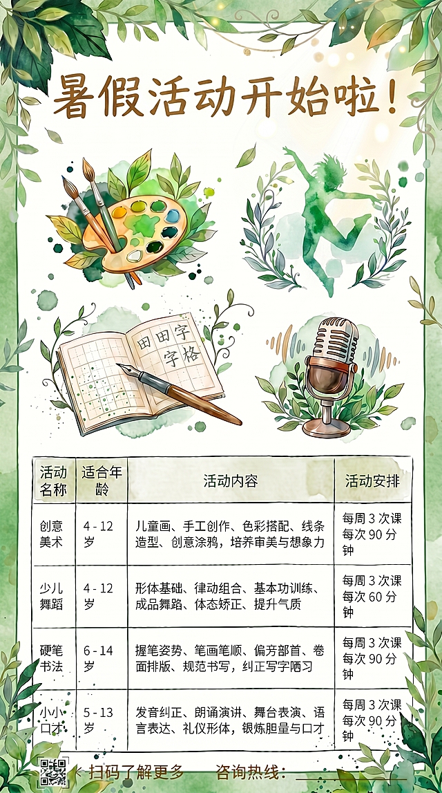 修改这张海报：1.更换一个全新的爵士舞剪影，完全去掉芭蕾相关元素；2.将标题"暑假班招生啦！"修改为手写风格的"暑假活动开始啦！"；3.将表格里的"课程名称"改成"活动名称"，"课程内容"改成"活动内容"，"课时安排"改成"活动安排"，其他信息保持不变；保留原有的绿色水彩植物风格和版式。
