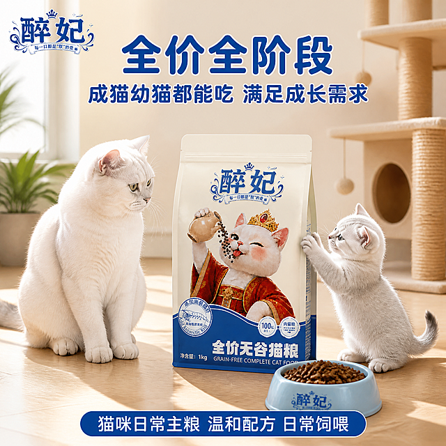 [主图-5] 全价全阶段 成猫幼猫都能吃 场景图
[氛围风格] 温馨可爱 真实居家场景 拼多多情绪转化
[画质] 商业摄影质感 场景真实 猫咪可爱 产品清晰
[元素] 温馨居家客厅角落场景 浅木色地板 米白色墙面 窗边有柔和自然光 画面中央地上放着醉妃全价无谷猫粮包装袋 正面展示 占画面约35% 保持产品外观一致 包装袋左侧一只成年英短白猫 坐姿优雅 看向猫粮 右侧一只奶萌小奶猫 好奇地用爪子扒包装袋 两只猫形成成猫幼猫对比 猫咪状态自然可爱 旁边有一个浅蓝色猫碗 碗里装着猫粮颗粒 背景有猫爬架一角和绿植 生活气息浓厚
[光影] 窗边自然光为主光 左上方照射 地面有柔和阴影 猫咪毛发层次清晰 整体温暖明亮
[配色] 主背景 暖米白+浅木色 辅助色 深蓝 强调色 猫毛白色 浅蓝猫碗 整体暖调
[视角构图] 平视略偏俯视 产品居中 成猫幼猫在两侧 形成对称构图 景深深 场景真实
[文字版式] 顶部大标题 两行 第一行超大字"全价全阶段" 深蓝色粗圆润体 第二行"成猫幼猫都能吃 满足成长需求" 字号约一半 同色系 左上角放醉妃Logo 底部圆角胶囊条 写"猫咪日常主粮 温和配方 日常饲喂" 白字深蓝底 文字在顶部和底部负空间 不遮挡猫咪和产品
[输出要求] 1:1比例 文字清晰 超高清真实场景质感
[负向提示词] 变形 文字错乱 产品模糊 背景杂乱 水印 平台Logo 多余的手 畸形手 功效表述 医疗表述