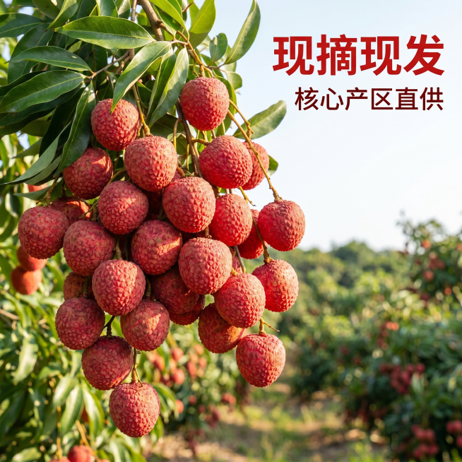[主图 2] 妃子笑荔枝核心品质展示，产地现摘。
[氛围风格] 真实自然果园风，突出新鲜高品质；
[画质] 商业摄影质感、光线柔和通透、产品清晰真实、画面干净高级，超高清。
[元素] 整串妃子笑荔枝带预览效果