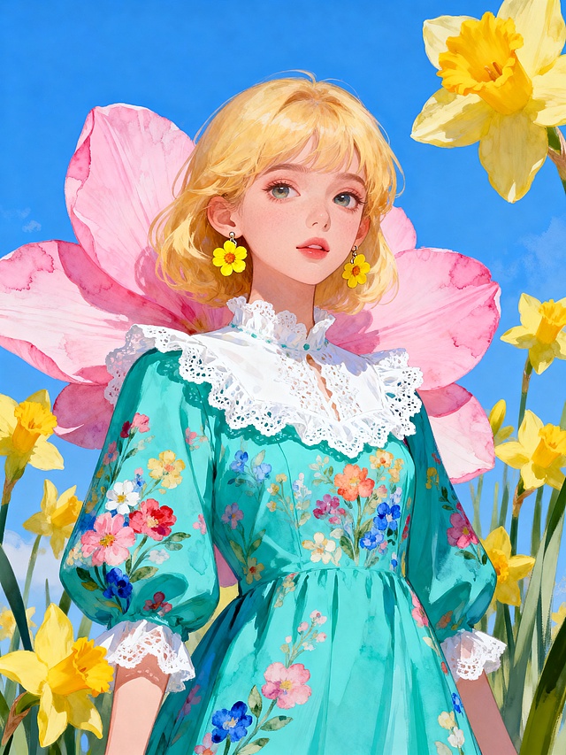 梦幻感水彩插画，拟人花仙子置身春日花海，清新甜美，花瓣翅膀与碎花裙交织出童话般的浪漫氛围。