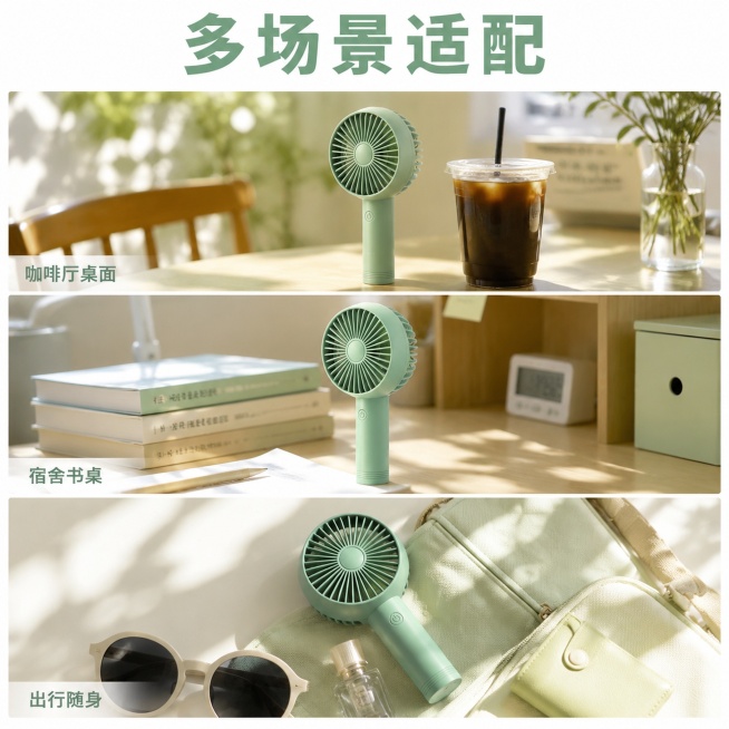 [主图-5] 绿色镂空小风扇多场景适用宫格展示图
[氛围风格] 清晰直观，多场景拼图展示
[画质] 统一光影风格，高清商业拼图，每个场景画质一致清晰
[元素] 整张1:1画布三等分三宫格，每个宫格展示预览效果