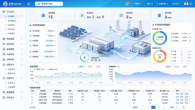 将这张达谙储能云平台首页的顶部导航栏和左侧菜单统一修改为最后一张参考图的风格。顶部导航改为：左侧达谙DAAN圆形logo，汉堡菜单图标，中间电站切换下拉框（美律电子电站），右侧通知铃铛带红色角标、预警/重大/设备异常/SOC低状态标签、超级管理员圆形头像。导航栏为浅蓝到青蓝的渐变风格。左侧菜单改为：实时监视（实时概览、变流器概览、功率曲线、电站列表、大屏管理）、电站监视（展开）、运行分析、能源调度、光伏发电、决策分析、运营中心（收益分析、故障分析）、运维中心（诊断中心、工单管理）、配置管理、日志中心。菜单项为图标+文字，选中态为蓝色背景高亮，子菜单用圆点标记。整体风格与最后一张参考图完全一致。主内容区保持原有的2.5D能源流动可视化、KPI卡片、充放电曲线、收益统计、电站报表等内容不变。高保真UI设计，高质量渲染