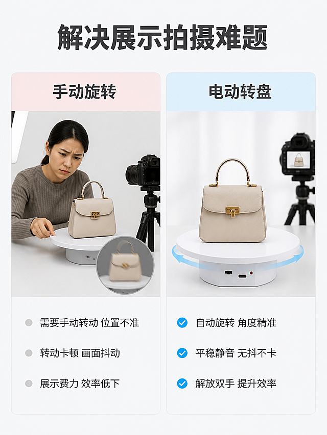 [第3屏] 痛点对比-传统手动展示vs智能电动转盘。
[氛围/风格] 直观对比商务风，左右分栏清晰对比，浅灰背景，干净高级。
[元素布局] 左右分屏对比布局，左侧为传统手动展示痛点区，右侧为本品电动转盘解决区。每个区域顶部是标题栏，中部是场景示意图，底部是痛点/优势总结。整体左右对称，信息对比一目了然。
[光影质感] 左右区域光影均匀一致，分界线清晰，文字和配图都清晰可见，没有过曝或过暗。
[配色色系] 全局统一底色：#F5F7FA（浅灰）；左侧痛点区标题栏用浅红#F8E0E0，右侧优势区标题栏用品牌浅蓝#E0F0F8，文字都使用深灰色。
[视角构图] 左右平分构图，每个区域内上图下文，对比清晰直接。
[文字版式] 顶部通栏大标题「解决展示拍摄难题」，居中深灰加粗。左侧标题「手动旋转」，痛点总结三条：需要手动转动 位置不准、转动卡顿 画面抖动、展示费力 效率低下，每条痛点配灰色小圆点，左对齐。右侧标题「电动转盘」，优势总结三条：自动旋转 角度精准、平稳静音 无抖不卡、解放双手 提升效率，每条优势配蓝色对勾图标，左对齐。
[比例分辨率] 宽750px，比例3:4竖版，2k分辨率，文字清晰可辨，超高清。
[负向提示词] 左右区域不对称，文字模糊，内容颠倒，水印，文字错乱，背景杂乱。