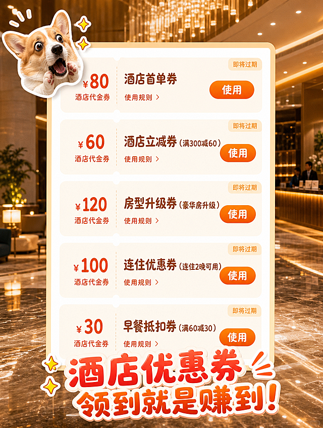 基于原图重绘，保留优惠券列表弹窗的整体结构，将主题从机票优惠券改为酒店优惠券：1. 将右下角的猫表情包替换为一只可爱的柯基犬惊喜表情表情包，位置从右下角移到弹窗左上角；2. 将背景从飞机云层换成现代豪华酒店大堂背景，暖金色灯光，大理石地面；3. 将所有文字字体改为活泼圆润的卡通字体，主标题大字改为橙红色渐变粗体字，内容改为酒店优惠券相关（如酒店首单券、酒店立减券、房型升级券、连住优惠券、早餐抵扣券等），价格金额可调整；4. 其余UI结构和整体构图保持不变，符合酒店吸引用户领券的方向。