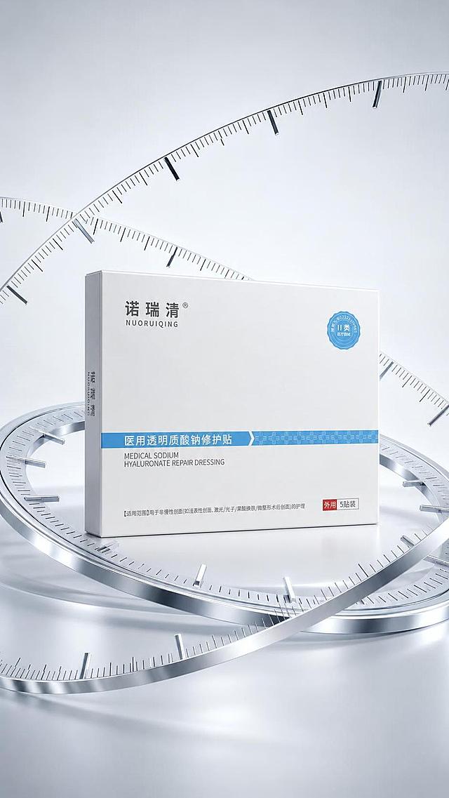 将图2的诺瑞清医用透明质酸钠修护贴产品盒放置在图1的银色金属刻度环场景中央位置，统一整体画风与质感，产品盒光影与周围银色刻度环环境融合协调，呈现精致高级的医疗科技质感，画面干净通透