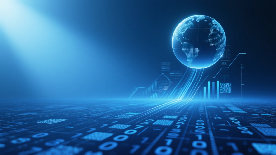 一张用于新闻场景的背景素材，具有干净风格和现实逻辑。画面以深蓝色为主色调，带有渐变效果，营造出科技感和专业氛围。左上角有一个半透明的地球图形，表面有网格纹理。地球下方有一些向上延伸的线条和图表元素，呈现出数据流动的感觉。画面底部是由蓝色代码和数字组成的矩阵，形成一种科技感的地面效果。整体构图采用了视觉引导线，从左下角向右上角延伸，光线从左上角照射下来，形成明亮的光晕和柔和的阴影。没有任何文字、……预览效果