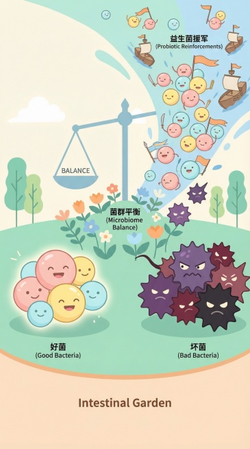调节肠道菌群平衡
画面描述：
以肠道剖面为背景，呈现为一座充满微生物的“花园”。左侧为坏菌（暗色、不规则形状），右侧为好菌（明亮、可爱圆润形状），中间有一群益生菌像“援军”一样涌入，好菌队伍壮大，坏菌预览效果