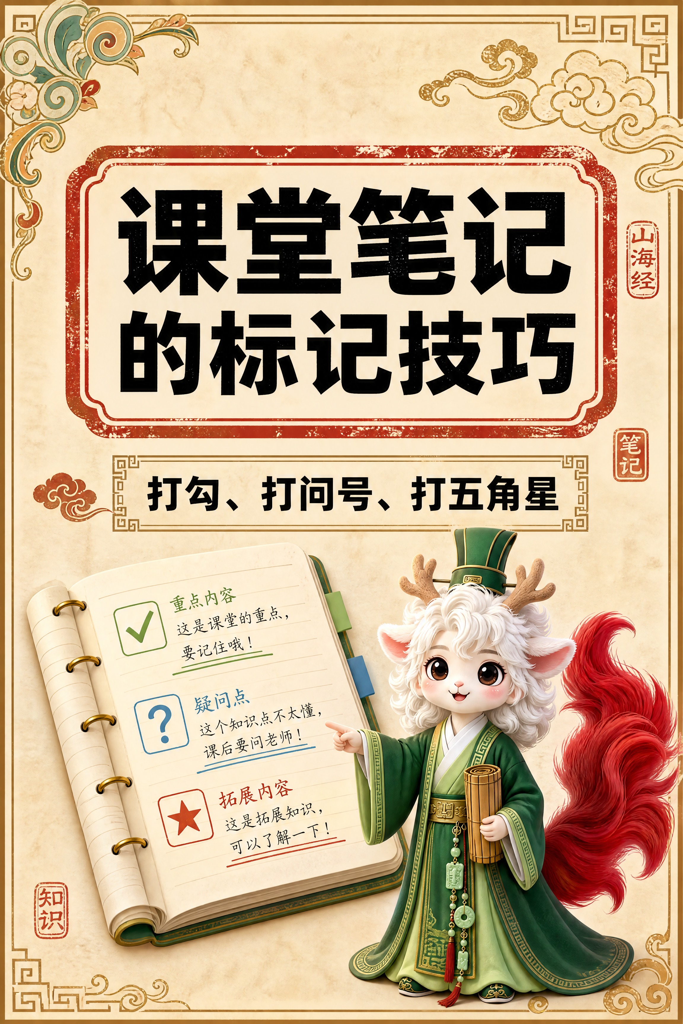 小红书笔记大字封面，配图大字，国风山海经风格，米黄色宣纸纹理背… - 图片创意预览